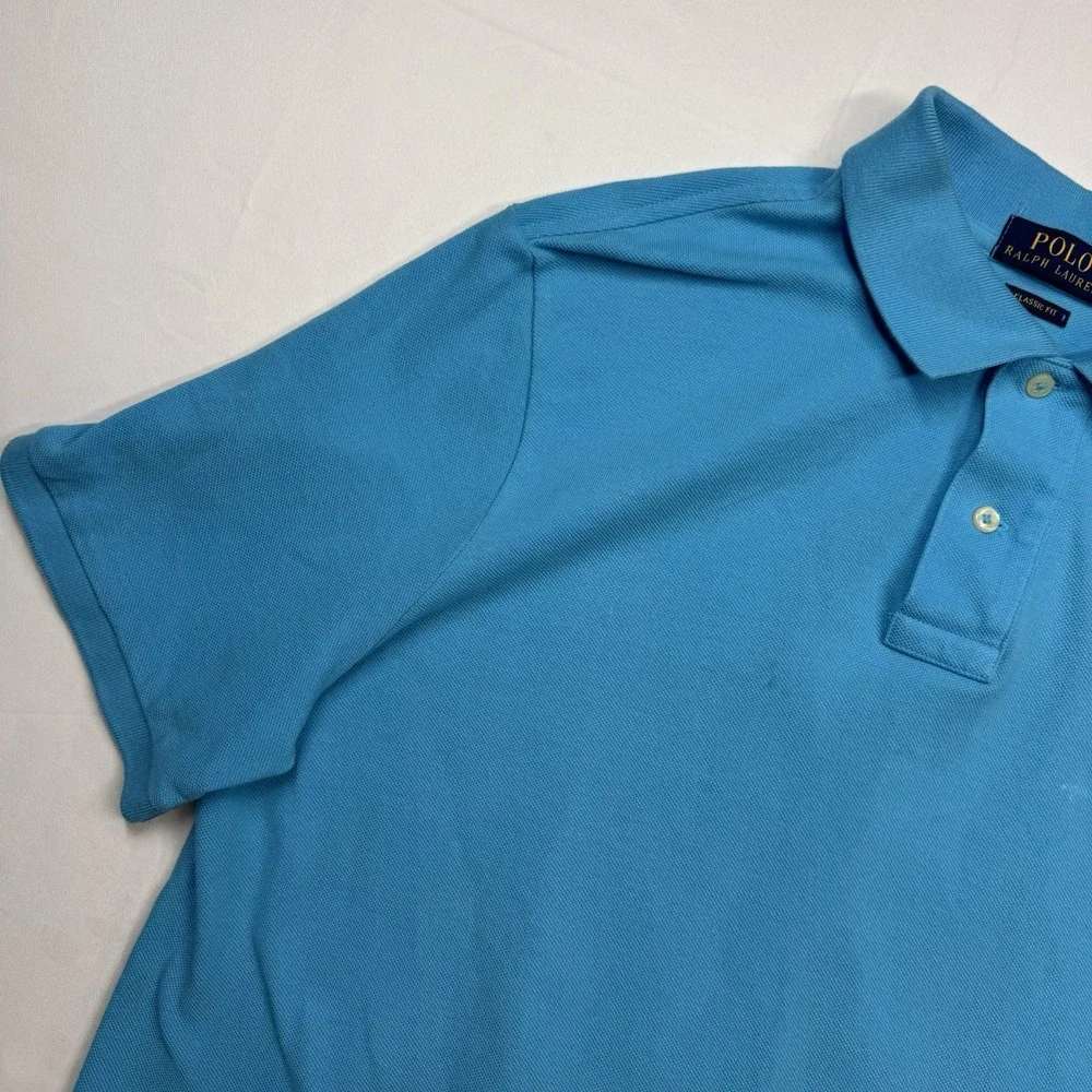 Ralph Lauren Polo Shirt Mens Large Sky Blue Classic Fit Yellow Pony Short Sleeve